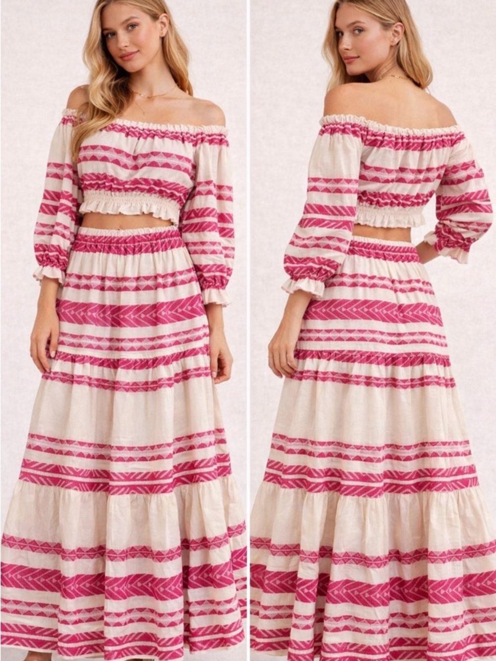 Alba Monti Pink & Cream 2 Piece Set Maxi Skirt Off Shoulder Crop Top XS Resort